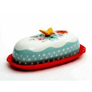 Pioneer Woman Flea Market Butterfly Butter Dish Stoneware Floral Lid Red Base